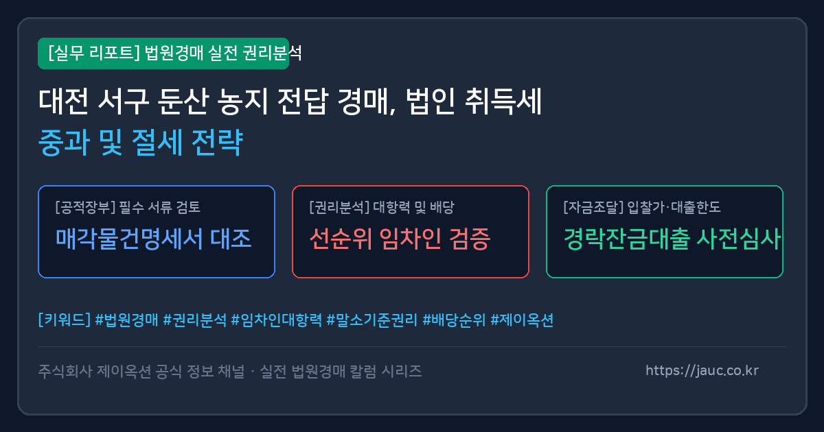 대전 서구 둔산 농지 경매 취득세 및 법인 절세 체크리스트 인포그래픽